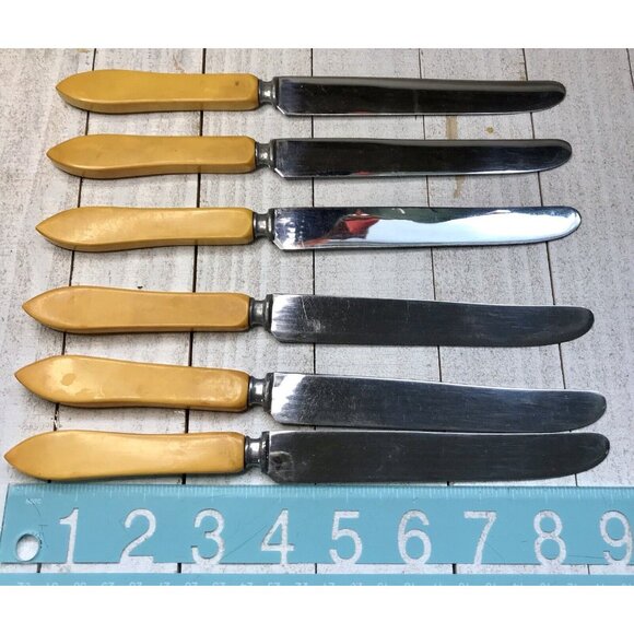 6 Vtg Butterscotch Bakelite Flatware Antq Boker Art Deco 1930s Stainless Knives - Picture 3 of 8